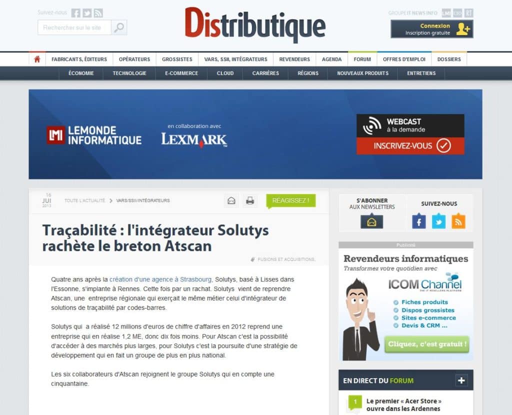 L’acquisition d’ATSCAN par SOLUTYS Group fait la Une de DISTRIBUTIQUE