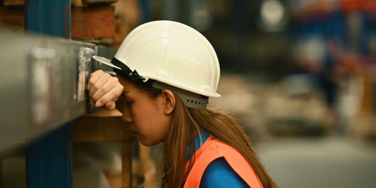 Employée logistique se tenant la tête sur un rack, fatiguée.