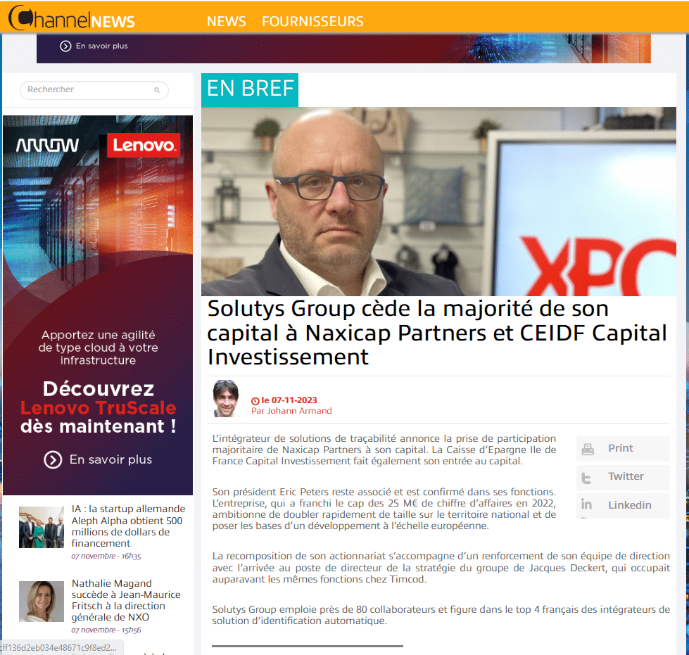 Channel New : aperçu de l'article : SOLUTYS Group cède la majorité de son capital à Naxicap Partners et CEIDF Capital Investissement