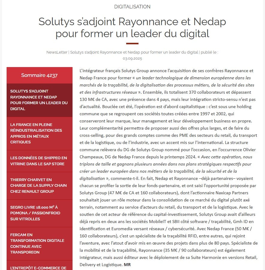 Solutys s’adjoint Rayonnance et Nedap pour former un leader du digital
