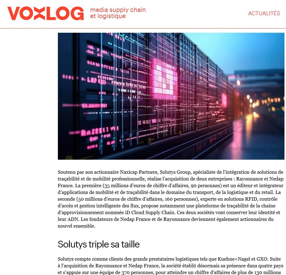 Solutys acquiert les sociétés Rayonnance et Nedap France