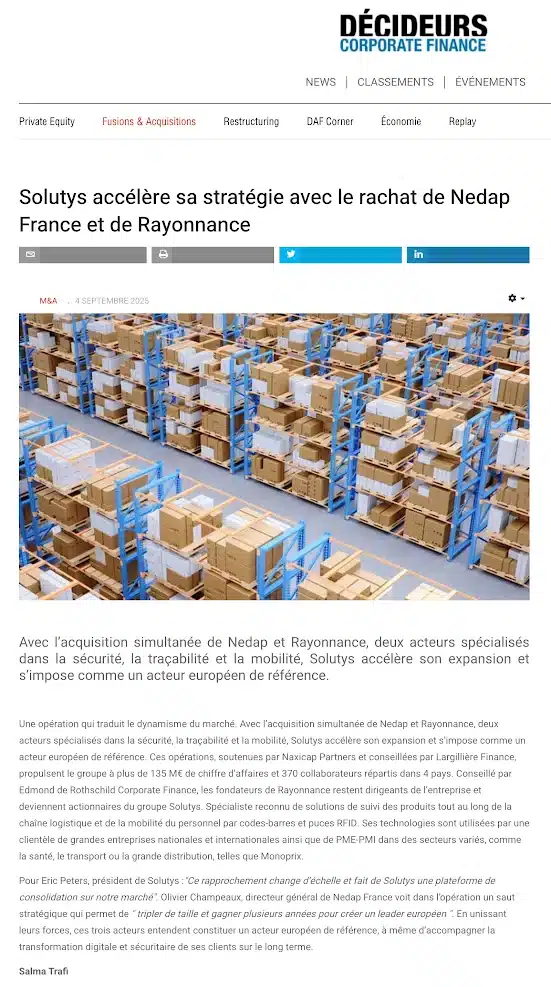 Solutys accélère sa stratégie avec le rachat de Nedap France et de Rayonnance