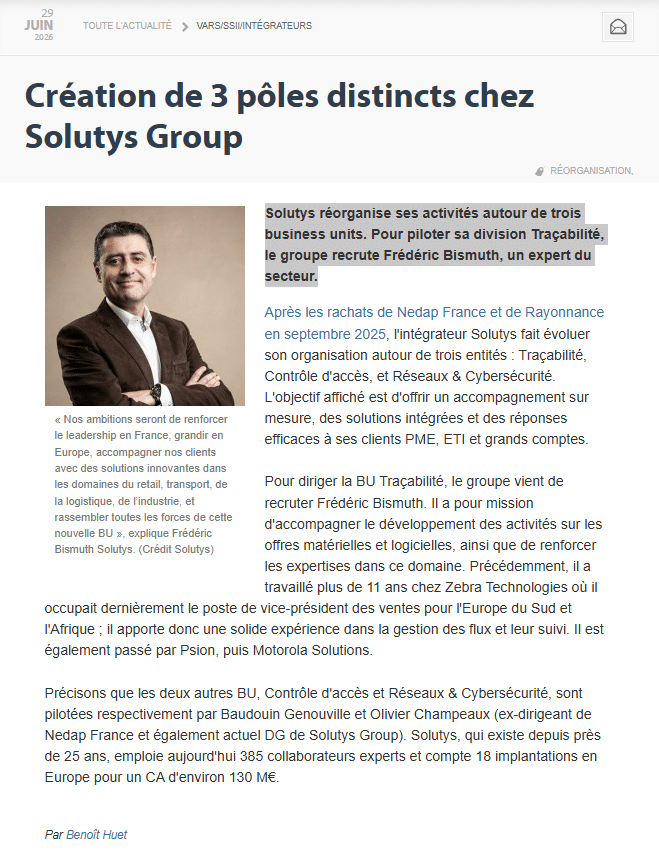 Création de 3 pôles distincts chez Solutys Group Création de 3 pôles distincts chez Solutys Group